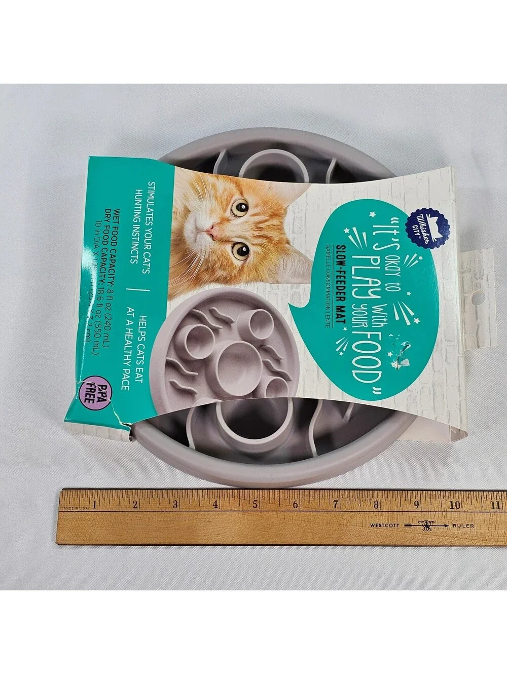 Whisker City Cat Slow Feeder Mat Grey Silicone Puzzle Bowl BPA Free 10 inch DIA